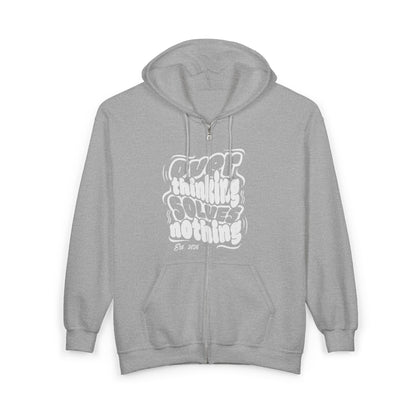 Over Thinking Solves Nothing Zip Hoodie – Graphic Black Full‑Zip Hooded Sweatshirt