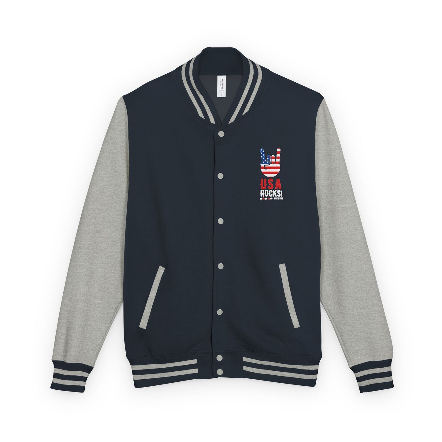 Letterman Jacket — Pink USA Peace Hand Graphic