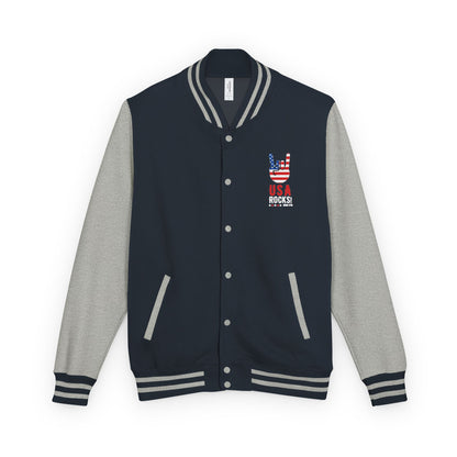 Letterman Jacket — Pink USA Peace Hand Graphic