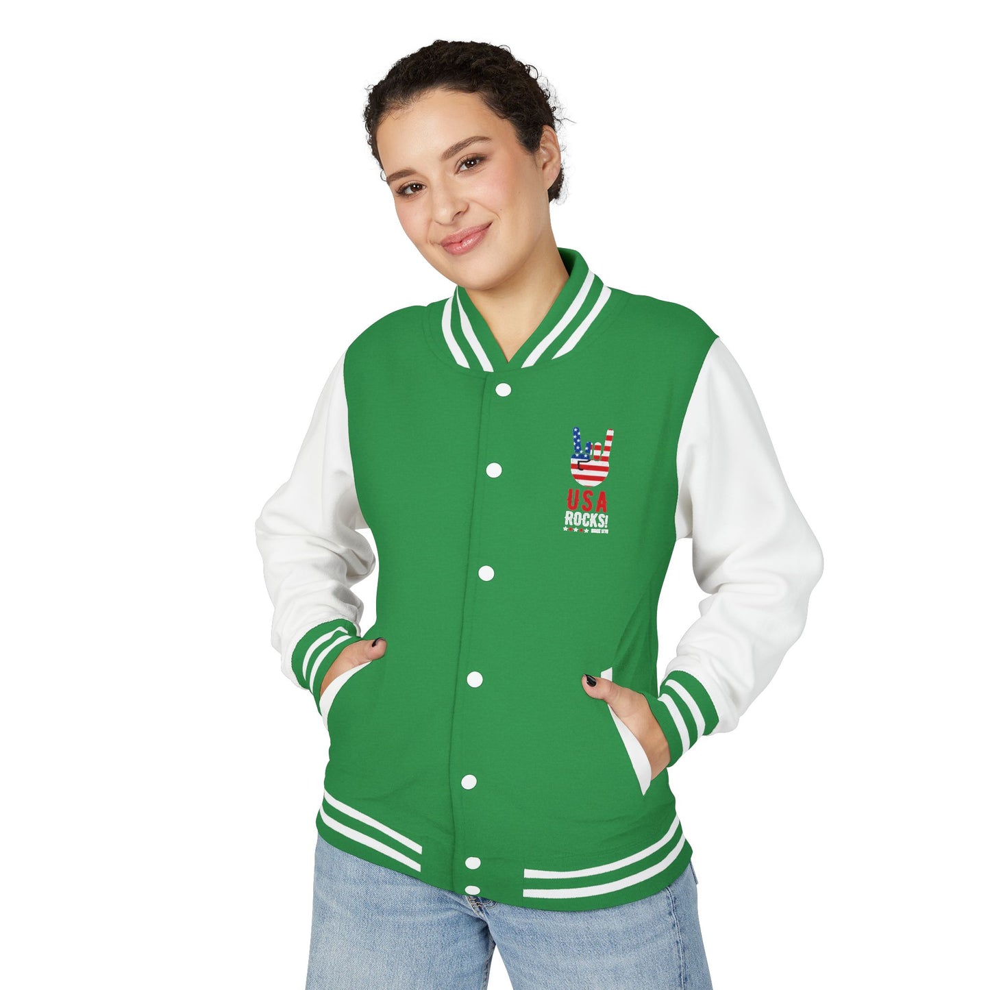 Letterman Jacket — Pink USA Peace Hand Graphic