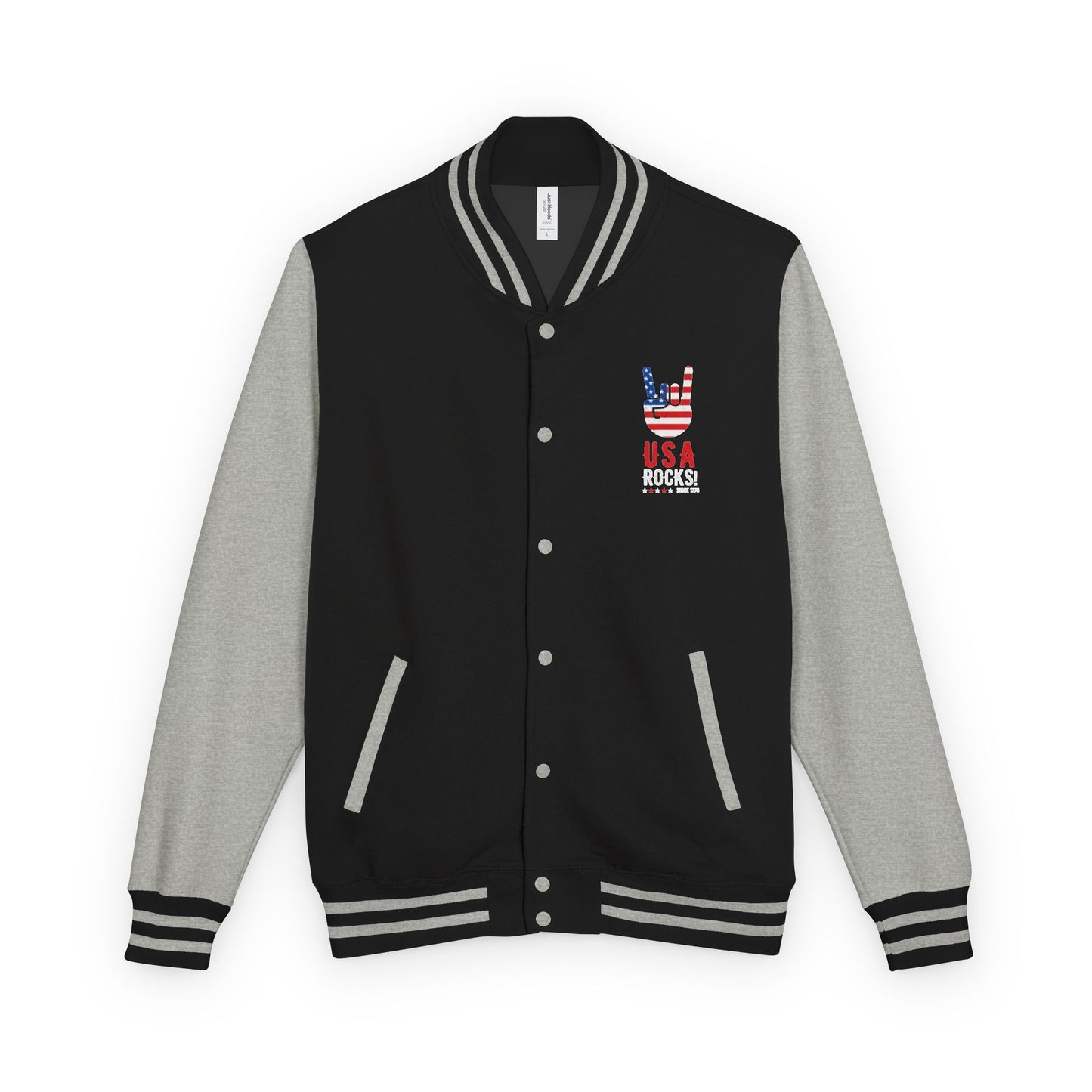 Letterman Jacket — Pink USA Peace Hand Graphic
