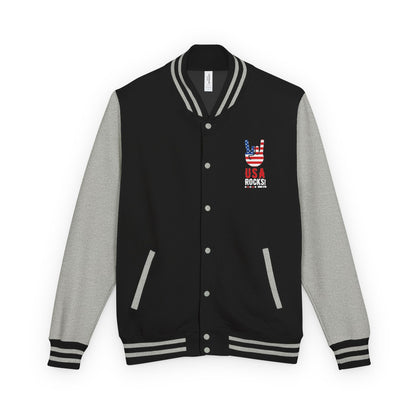 Letterman Jacket — Pink USA Peace Hand Graphic
