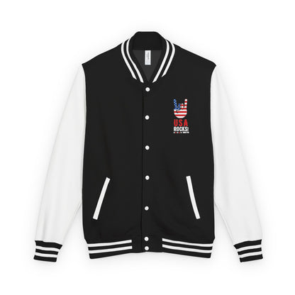 Letterman Jacket — Pink USA Peace Hand Graphic