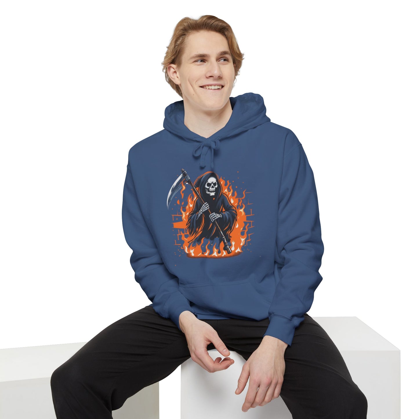 Grim Reaper Hoodie - Flaming Skeleton Scythe Graphic Pullover