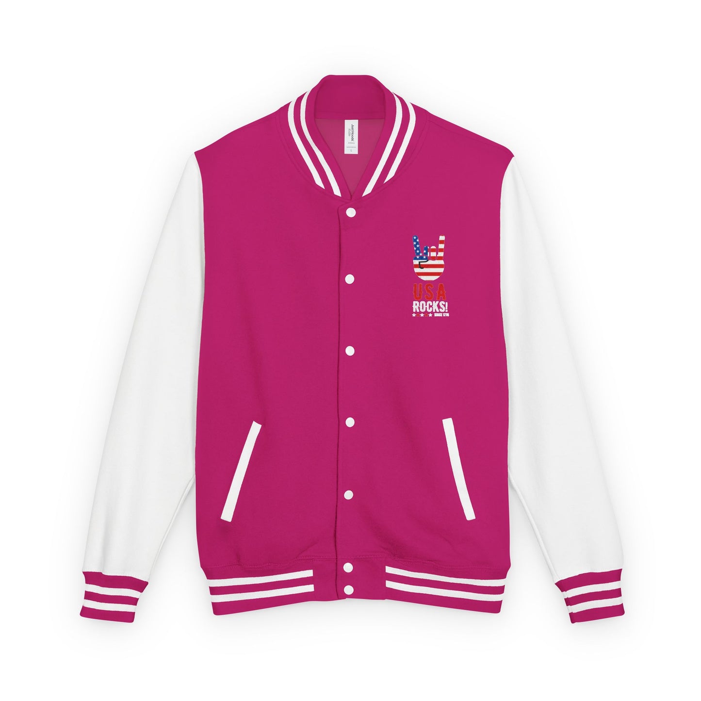 Letterman Jacket — Pink USA Peace Hand Graphic