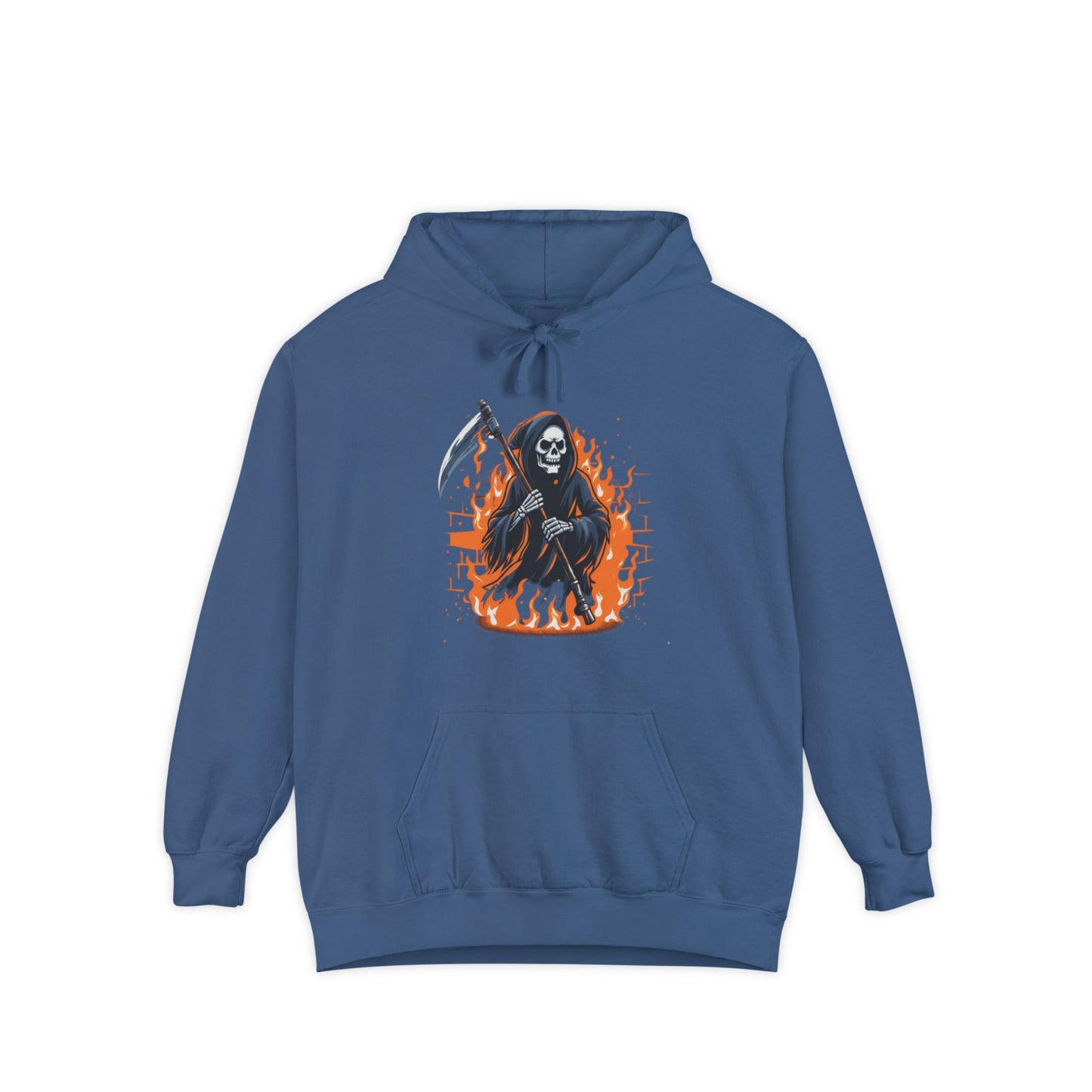 Grim Reaper Hoodie - Flaming Skeleton Scythe Graphic Pullover