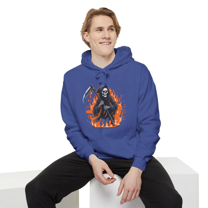 Grim Reaper Hoodie - Flaming Skeleton Scythe Graphic Pullover