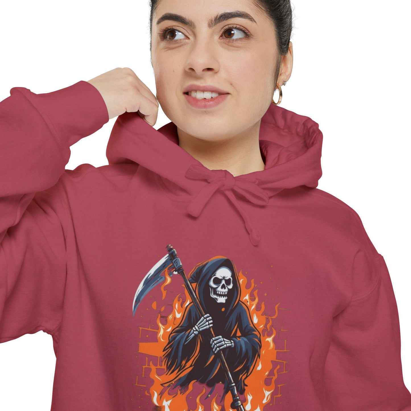 Grim Reaper Hoodie - Flaming Skeleton Scythe Graphic Pullover