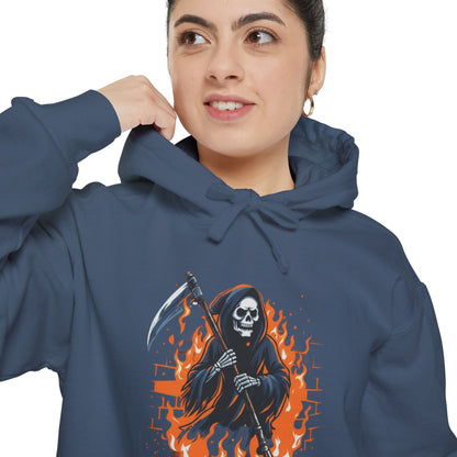 Grim Reaper Hoodie - Flaming Skeleton Scythe Graphic Pullover