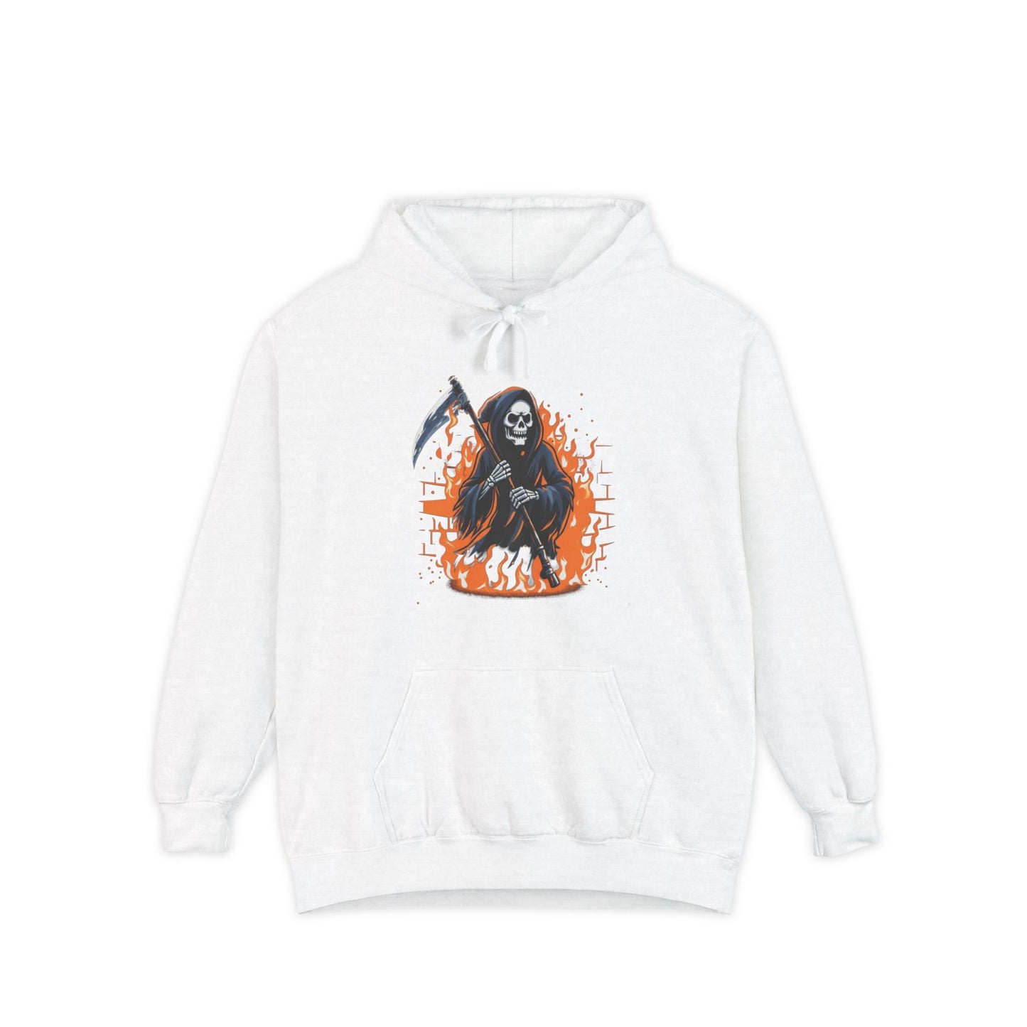 Grim Reaper Hoodie - Flaming Skeleton Scythe Graphic Pullover