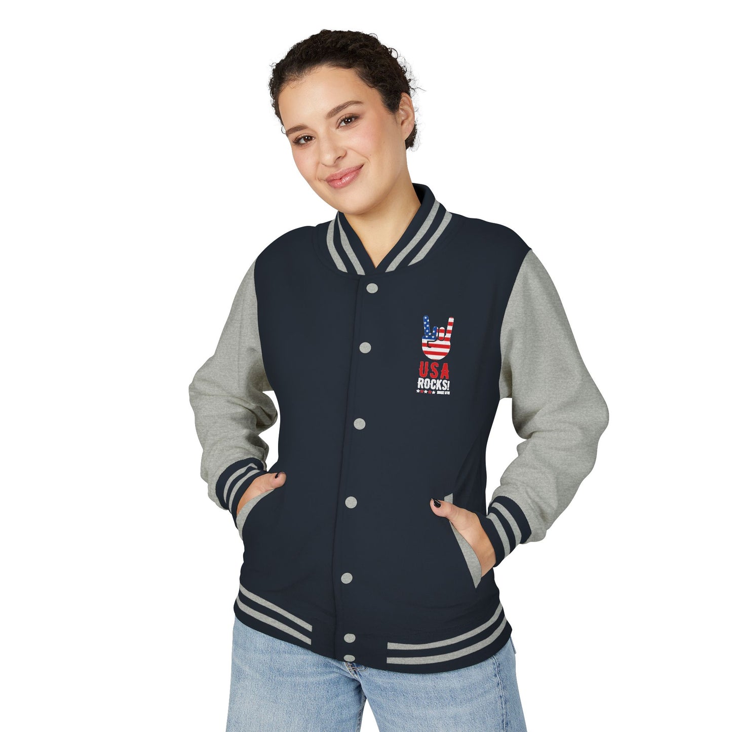 Letterman Jacket — Pink USA Peace Hand Graphic