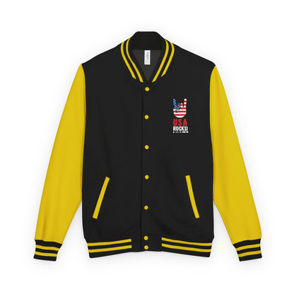 Letterman Jacket — Pink USA Peace Hand Graphic