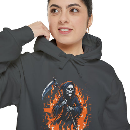 Grim Reaper Hoodie - Flaming Skeleton Scythe Graphic Pullover