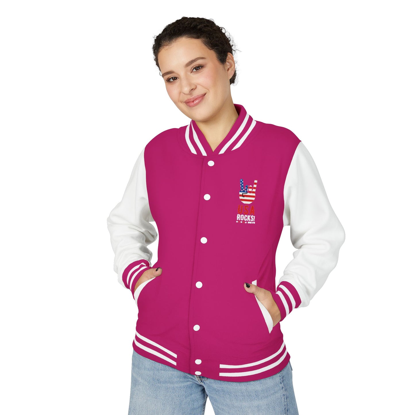 Letterman Jacket — Pink USA Peace Hand Graphic
