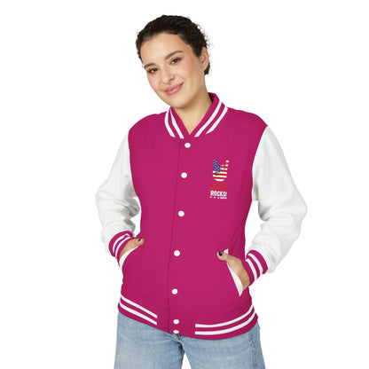 Letterman Jacket — Pink USA Peace Hand Graphic