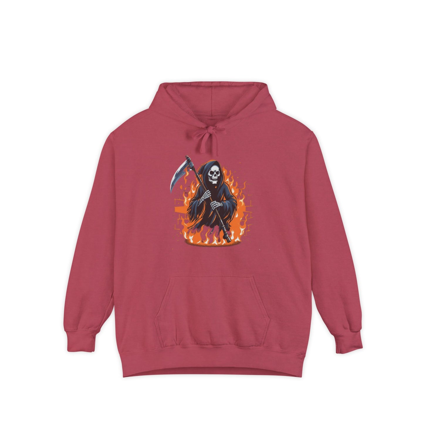 Grim Reaper Hoodie - Flaming Skeleton Scythe Graphic Pullover
