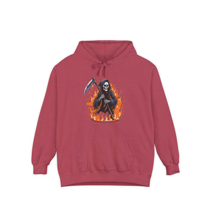 Grim Reaper Hoodie - Flaming Skeleton Scythe Graphic Pullover