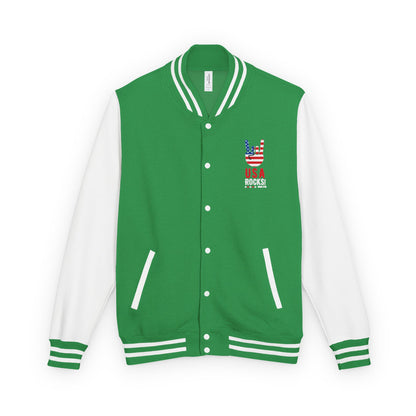 Letterman Jacket — Pink USA Peace Hand Graphic