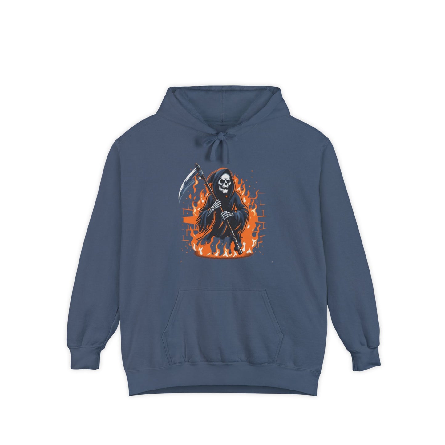 Grim Reaper Hoodie - Flaming Skeleton Scythe Graphic Pullover