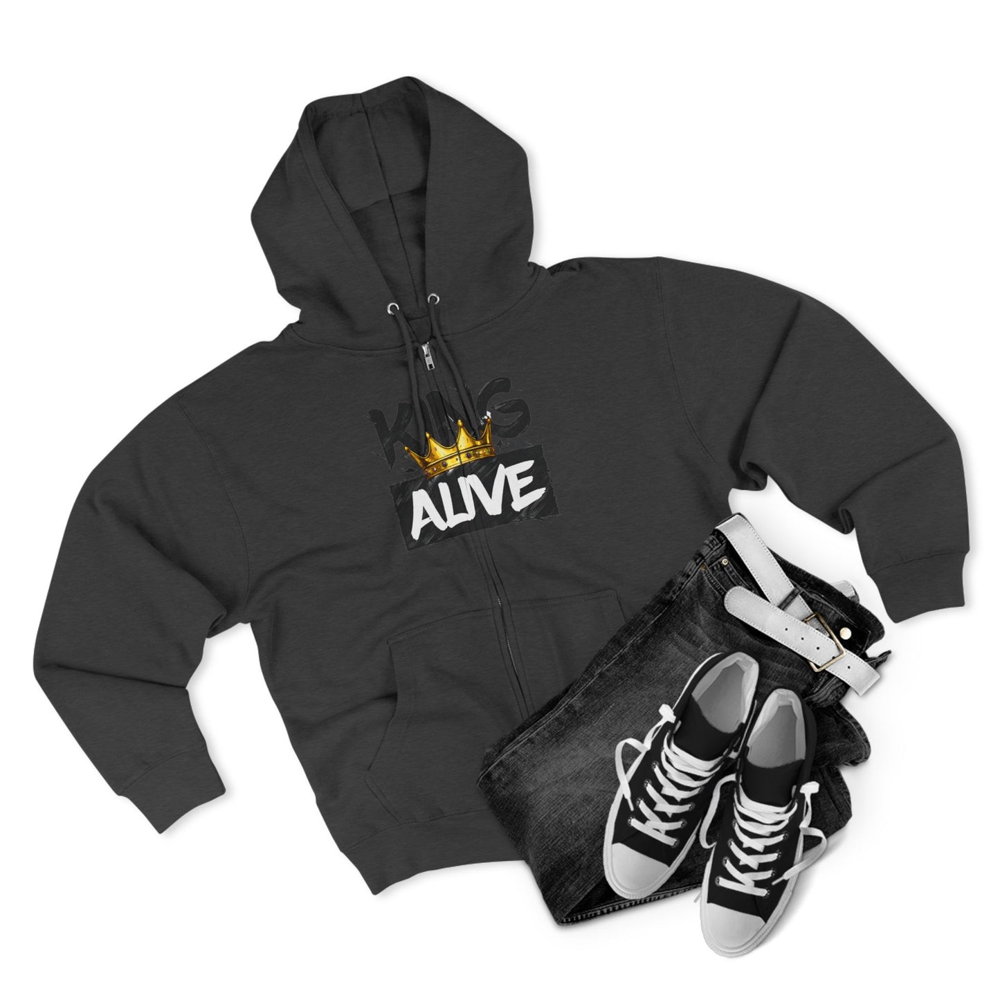 King Alive Zip Hoodie - Crown Graphic Streetwear