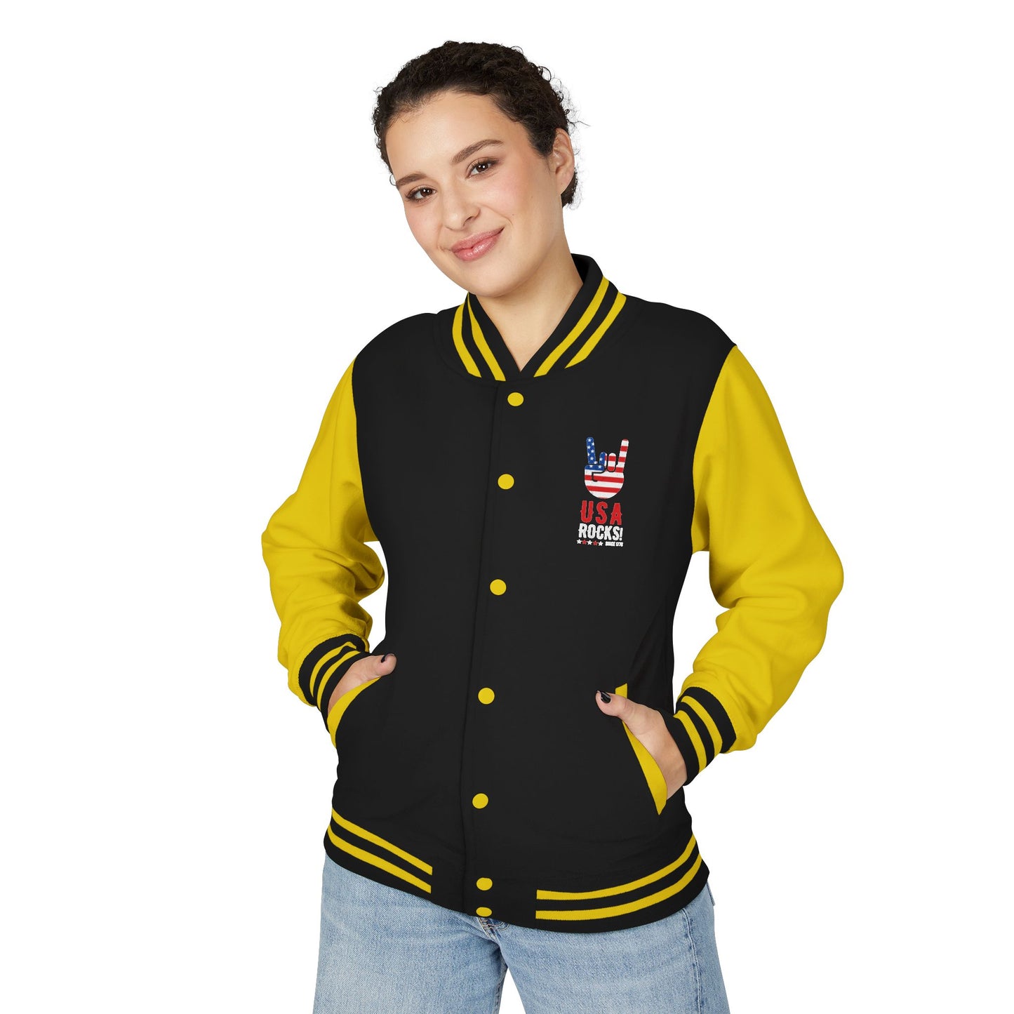 Letterman Jacket — Pink USA Peace Hand Graphic