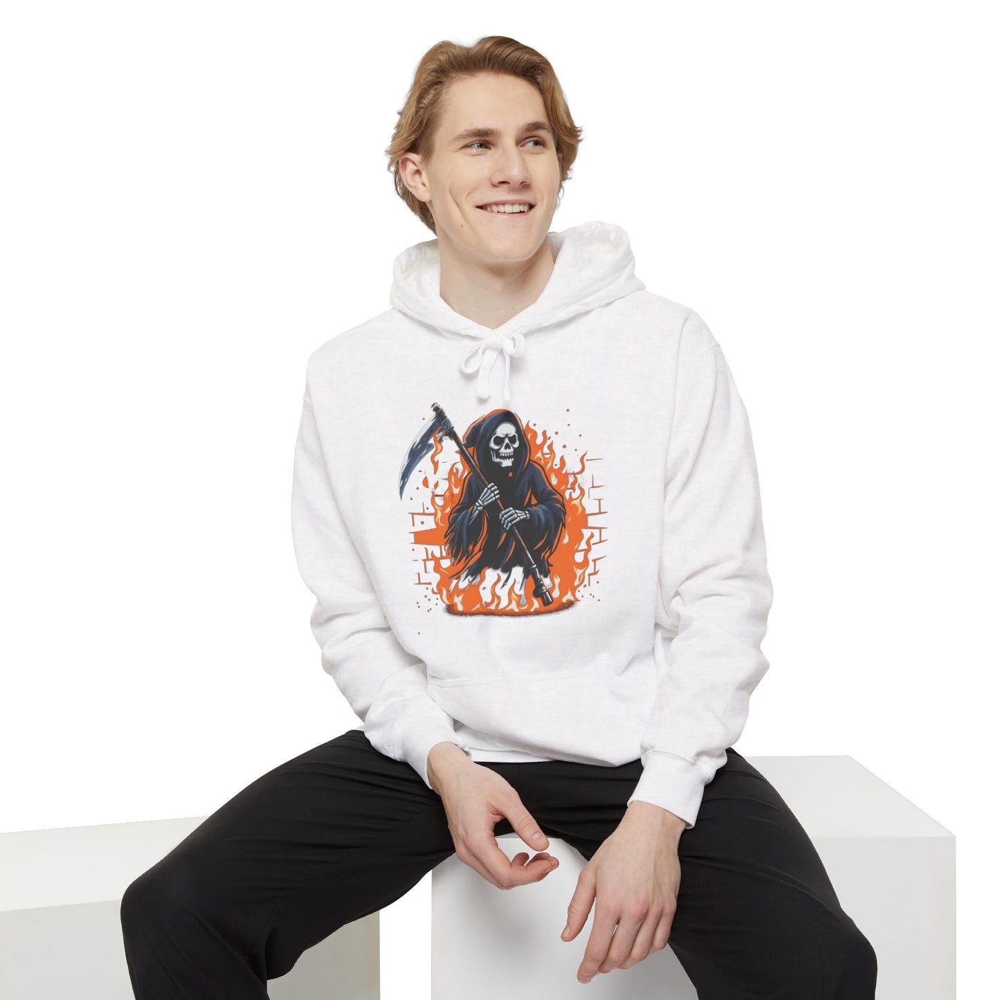 Grim Reaper Hoodie - Flaming Skeleton Scythe Graphic Pullover