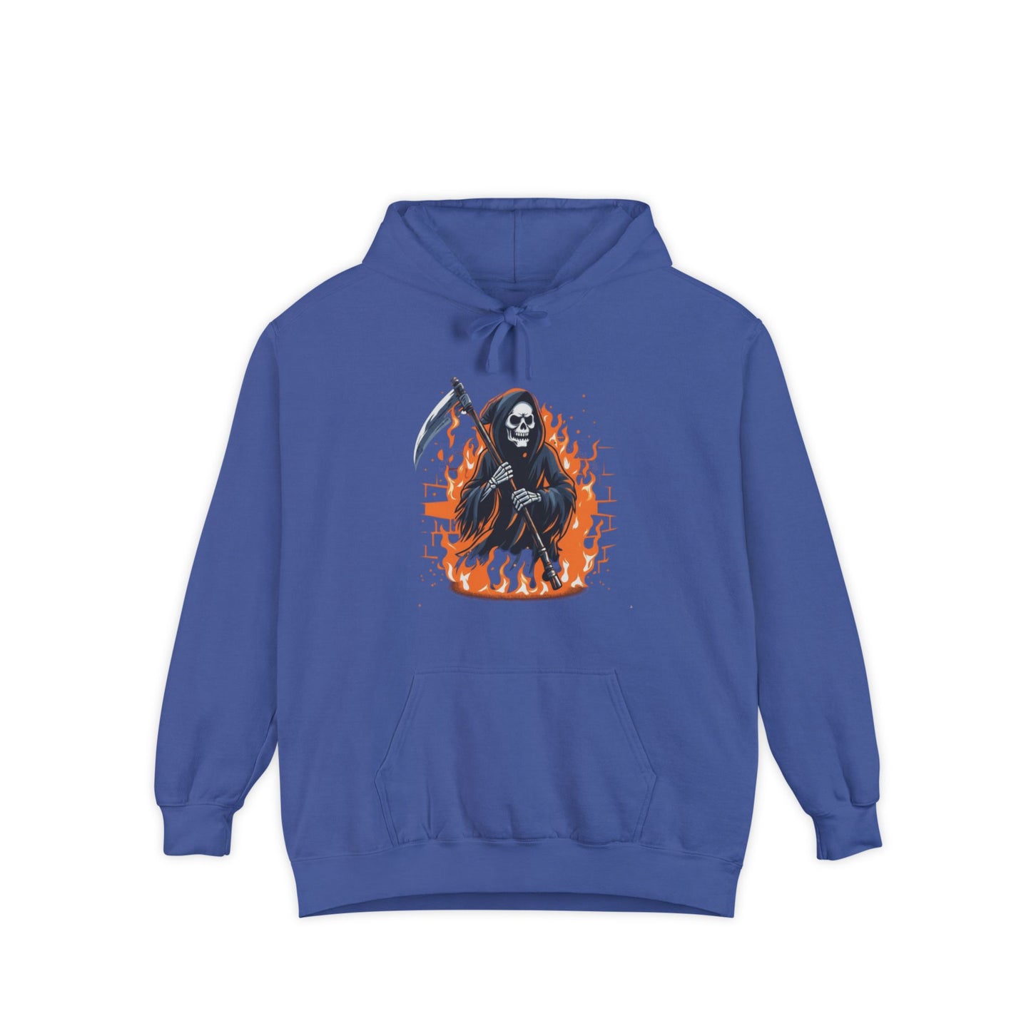 Grim Reaper Hoodie - Flaming Skeleton Scythe Graphic Pullover