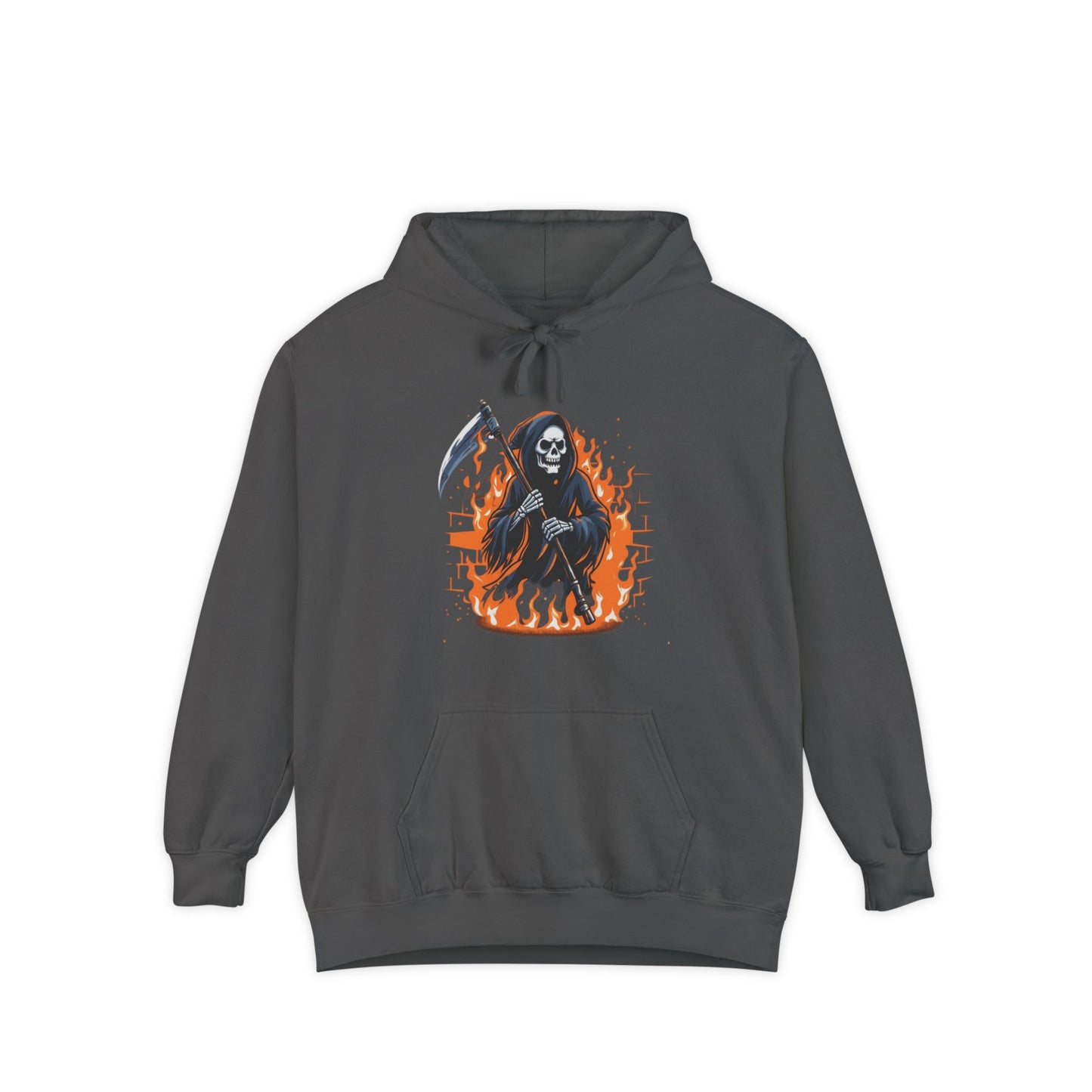 Grim Reaper Hoodie - Flaming Skeleton Scythe Graphic Pullover