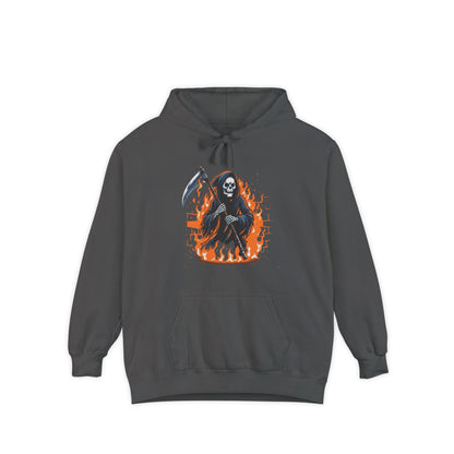 Grim Reaper Hoodie - Flaming Skeleton Scythe Graphic Pullover