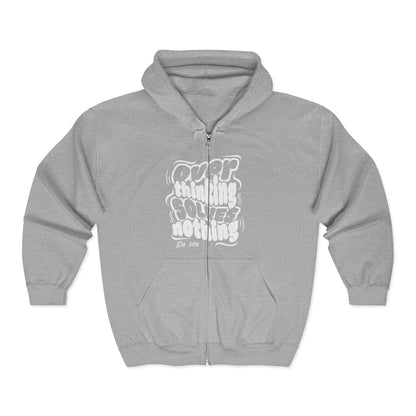 Over Thinking Solves Nothing Zip Hoodie – Graphic Black Full‑Zip Hooded Sweatshirt